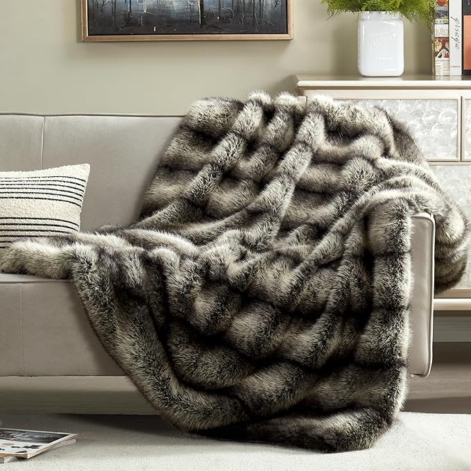 JONIYEAR High-end Premium Fuzzy Faux Wolf Fur Throw Blanket 50" x 60", Luxury Cozy Accent Thick Animal Skin Fluffy Fox Blanket for Couch Sofa, Soft Warm Gray Bear Furry Blankets for Winter, Black Grey