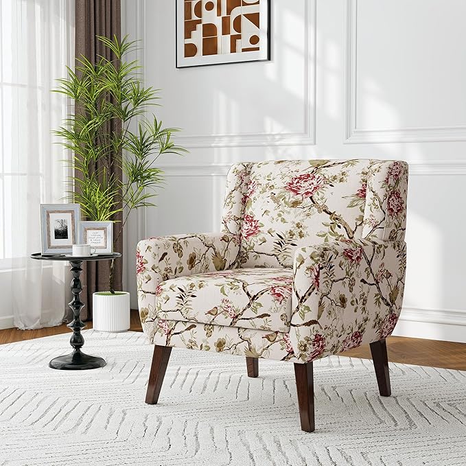 Accent Chair, Modern Fabric Armchair for Living Room, Comfy Upholstered Arm Chair Tufted for Indoor Bedroom Office Room (Pattern Floral)