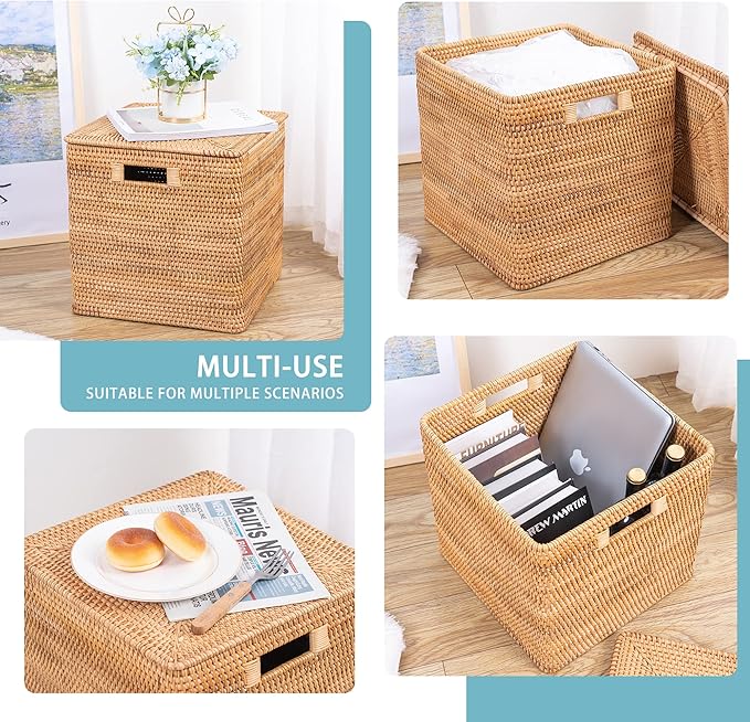 Rattan Basket With Lid, Large Lidded Basket For Storage(13.7" L×13.7"W×13.7"H)