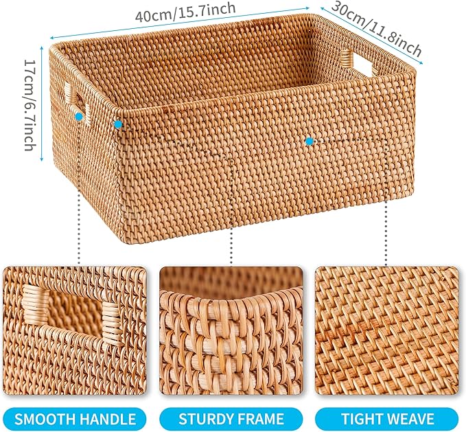 Rattan Basket With Lid, Large Lidded Basket For Storage(15.7" L×11.8"W×6.7"H)