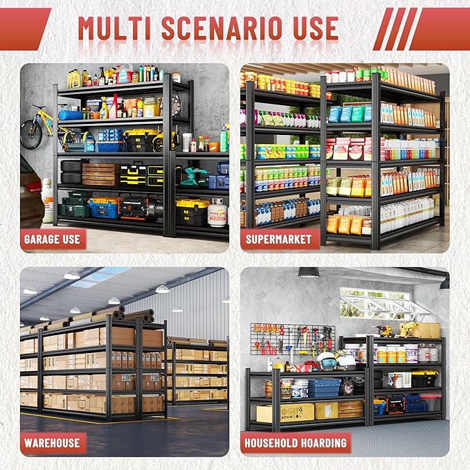 63" Tall Heavy Duty Metal Shelf Unit, 2000 lbs Capacity,Tool Free Assembly, All Steel Construction for Garage, Warehouse, Basement (Black, 39.4''W x 19.7''Dx 63" H)