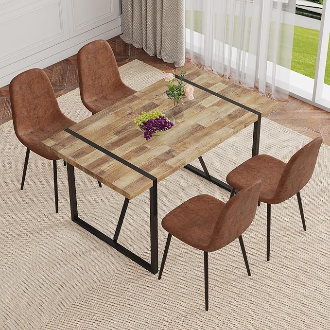 4 Chair Dining Table Set，Dinner Table Set for 4，55'' Kitchen Table and PU Leather Chairs Set of 4, 5 Piece Dining Table Set for Kitchen Dining Room