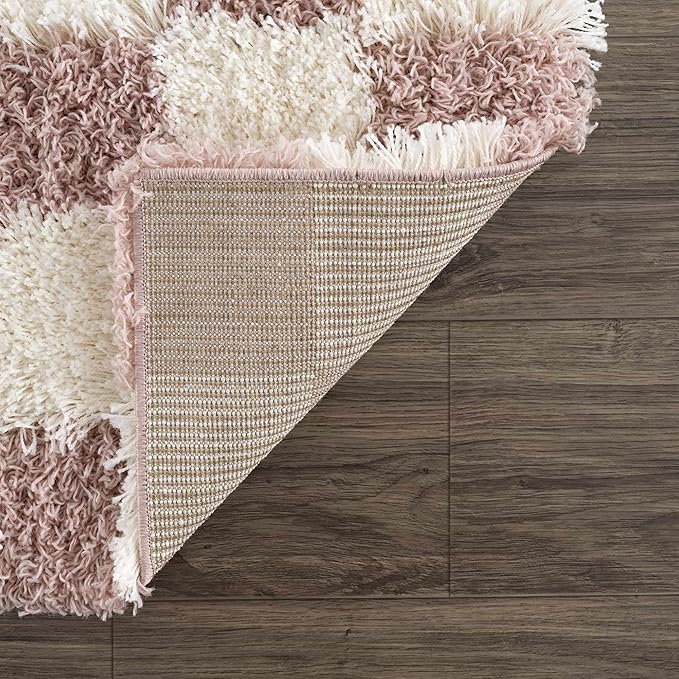 Hauteloom Atira Contemporary Checkered Fluffy Shag Runner Rug - Modern Geometric Carpet Tiles for Hallway, Kids Room - Plush Pile Carpet Squares - Cream, Pink- 2'7" x 10'