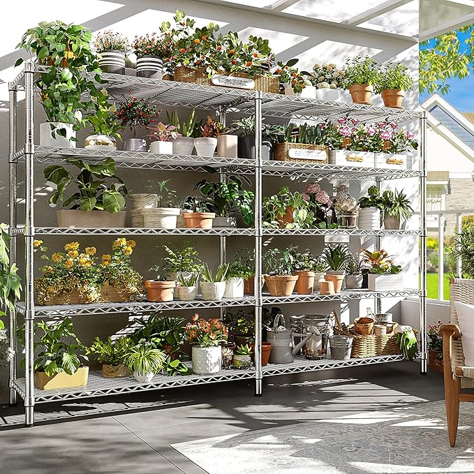 REIBII 69.8" W Storage Shelves 1510LBS Wire Shelving Unit 5 Tier Metal Shelving for Storage Rack Shelves Adjustable Heavy Duty Garage Shelf Pantry Shelves Kitchen Shelving,69.8"Wx15.8"Dx72.4"H,Chrome