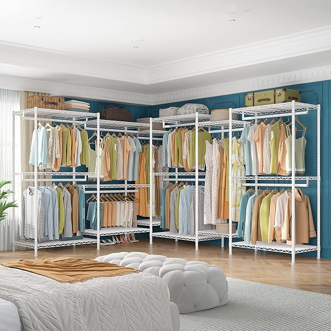 Raybee Clothing Rack for Hanging Clothes Heavy Duty Clothes Rack with Shelves,Portable,Adjustable,Metal,Max Load 900lbs,White