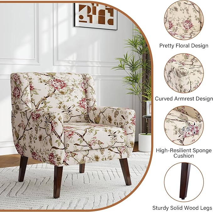 Accent Chair, Modern Fabric Armchair for Living Room, Comfy Upholstered Arm Chair Tufted for Indoor Bedroom Office Room (Pattern Floral)