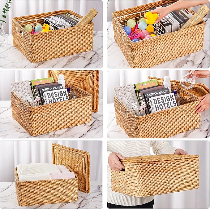 Rattan Basket With Lid, Large Lidded Basket For Storage(17.8" L×13.8"W×7.8"H)