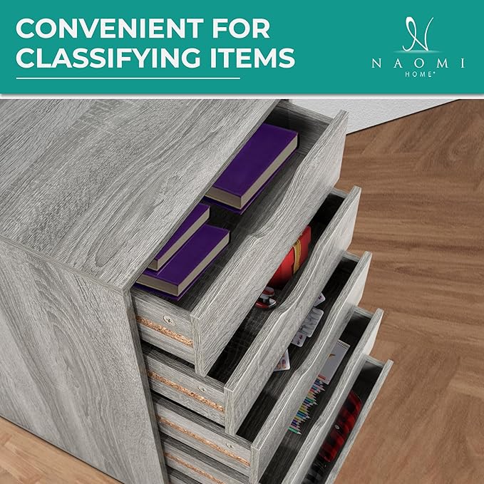 5-Drawer Rolling Storage Cart Organizer - Mobile Under Desk Dresser with Lockable Wheels, Grey Oak Engineered Wood for Home Office Dorm, Compact 15.7 x 15.7 x 26 Inches