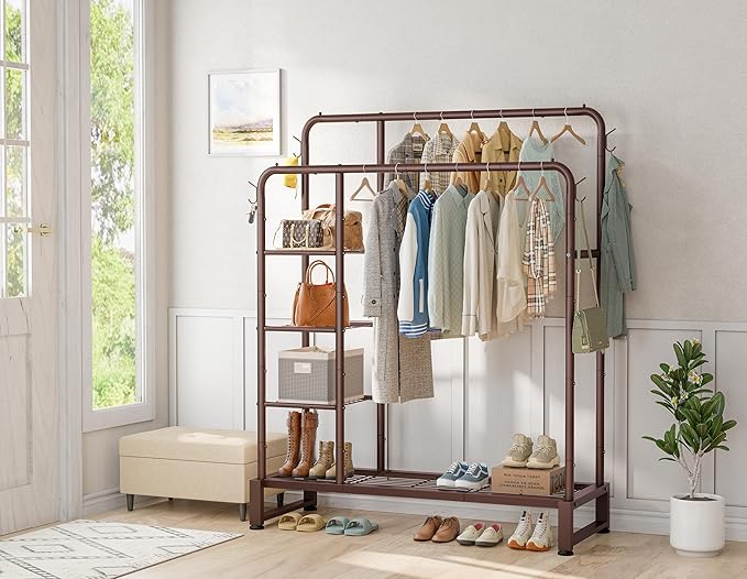 Double Rods Clothes Rack Clothing Rack with 4 Tier Storage Shelves Clothes Rack for Hanging Clothes Multifunctional Heavy Duty Clothes Organizer with Hooks for Bedroom,Wardrobe Closet,Shop,Brown