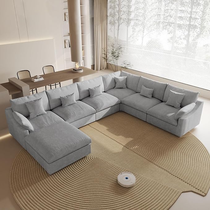 Cloud Couch for LivingRoom,153" U Shaped Modular Sectional Couch with Storage Ottoman,Down Filled 7 Seater Convertible Sleeper Sofa Bed Oversized Furniture,Grey