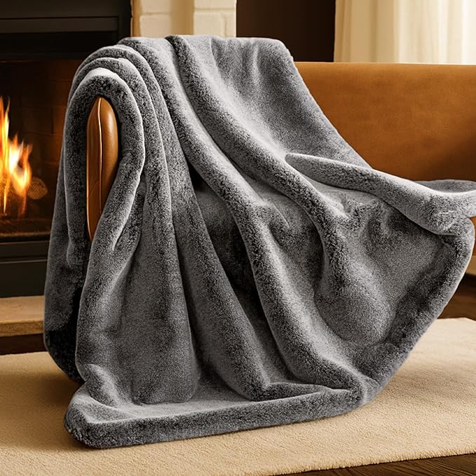 Bare Home Faux Fur Throw Blanket - Ultra-Soft Luxurious - Cozy Warm Blanket for Couch, Sofa, Chair, Bed - Fuzzy Fluffy Super Soft - Decorative Bed Blanket, 60x47 inches (Variegated Grey)