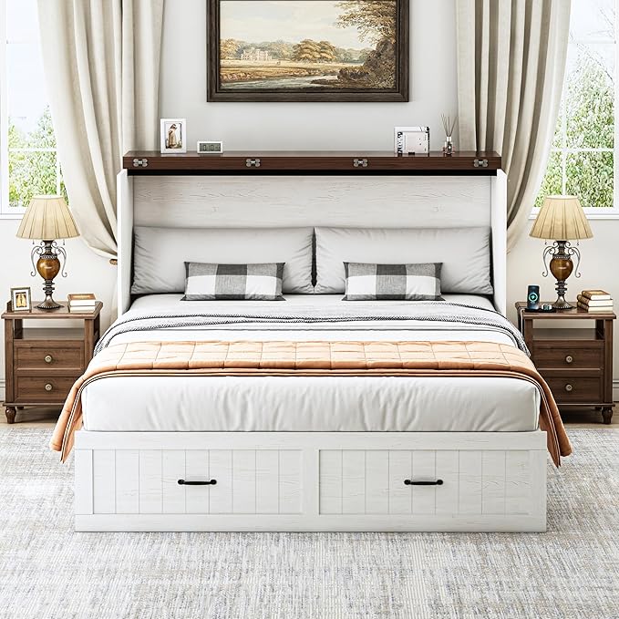 Full Size Murphy Bed Frame, Farmhouse Wood Full Beds with Charging Station, Drawer, Full Foldable Platform Bed, White