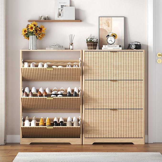 Shoe Cabinet Storage for Entryway with 3 Flip Drawers, Oak Fluted Shoe Cabinet with Adjustable Shelves, Wooden Hidden Shoe Rack Freestanding Narrow Slim Shoes Storage for Hallway, Entrance
