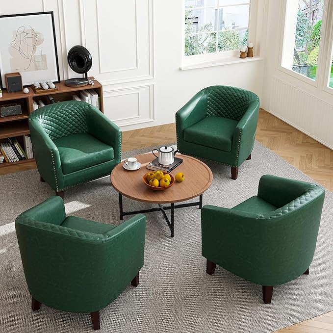 Accent Barrel Chair, Upholstered Faux Leather Club Chair with Nailed Trim, Comfy Reading Armchair for Living Room Bedroom Reception Room Office (Dark Green, Set of 1)