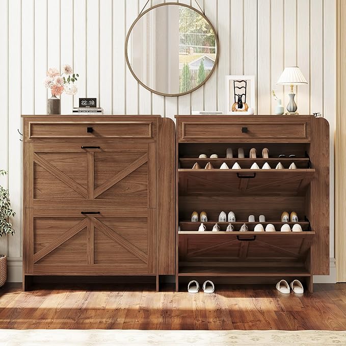 IRONCK Shoe Storage Cabinet with 2 Flip Drawers & Barn Door Design, Freestanding Shoe Cabinet Organizer with Drawer and Shelves for Entryway, Farmhouse Shoe Rack Cabinet,Dark Walnut