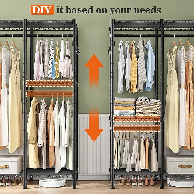 Raybee Clothes Rack Heavy Duty Clothing Racks for Hanging Clothes Loads 1100LBS, Garment Rack Freestanding for Bedroom, 75" H x 75" W x 15.7" D, Black
