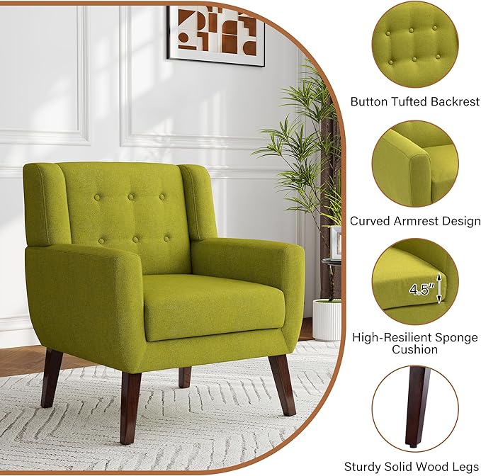 Accent Chairs Set of 2, Modern Fabric Armchairs for Living Room, Comfy Upholstered Arm Chairs Tufted for Indoor Bedroom Office Room (Green)