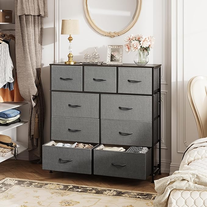 WLIVE 9-Drawer Dresser, Fabric Storage Tower for Bedroom, Hallway, Entryway, Closet, Tall Chest Organizer Unit with Fabric Bins, Steel Frame, Wood Top, Easy Pull Handle, Dark Grey