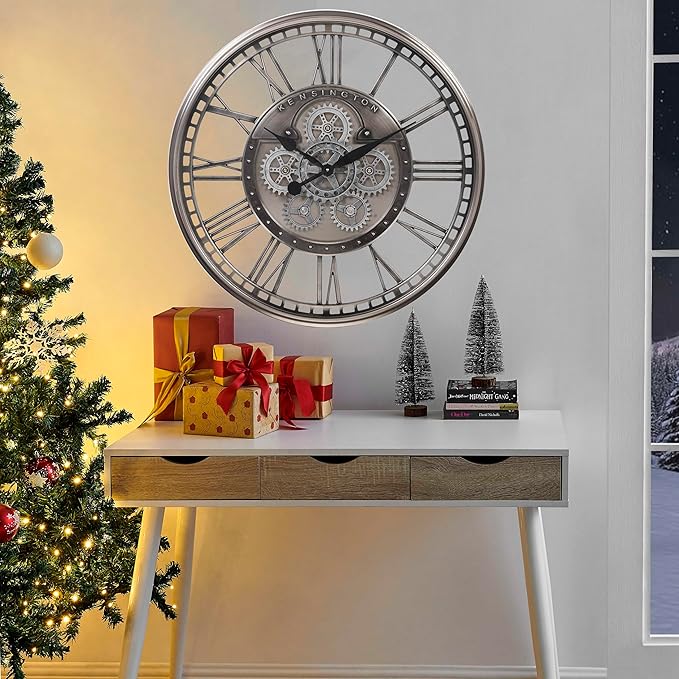 CLXEAST 28 Inch Original Real Moving Gear Wall Clock Roman Numerals,Oversized Large Wall Clocks for Modern Farmhouse Living Room Home Decor,Brushed Gunmetal