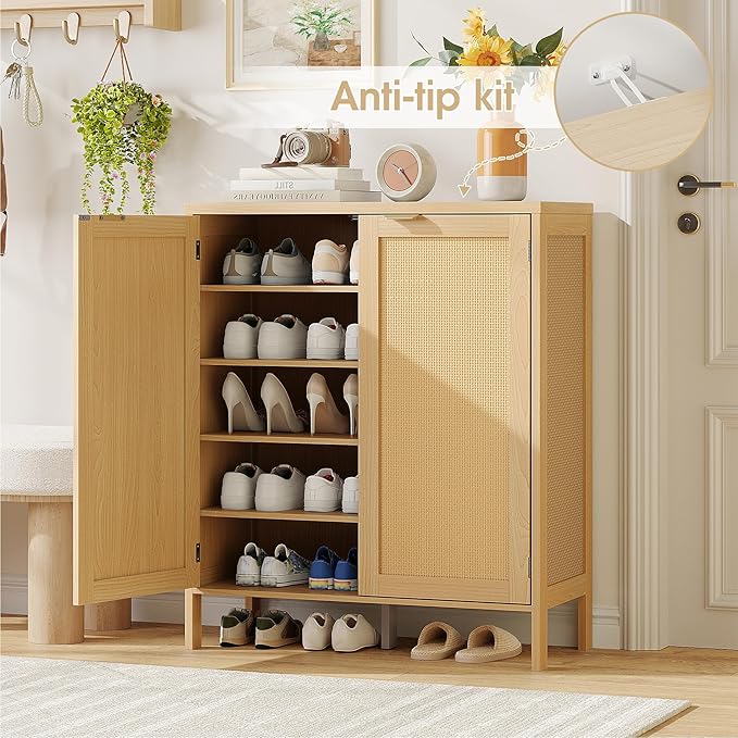 Maupvit Real Rattan Shoe Storage Cabinet with 2 Doors and 5 Shelves, Boho Shoe Organizer Cabinet, Accent Credenza Cabinets, 5-Tier Shoe Cabinet Storage for Entryway, Hallway, Living Room
