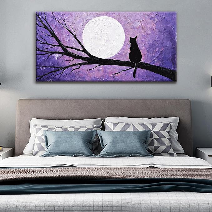 QSQ Cat Wall Art Prints Painting Canvas Art Wall Decor Funny Monet Cat Under The Moonlight Abstract Wall Art Posters Picture For Bedroom Bathroom Office Home Decor Aesthetic 20" × 40"