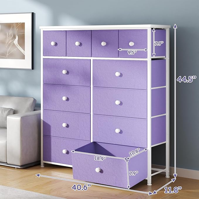 Dresser for Bedroom with 12 Drawers, Fabric Dressers & Chest of Drawers with Sturdy Metal Frame, Wood Top, for Woman, 40.6" W x 11.8" D x 44.5" H (Purple)