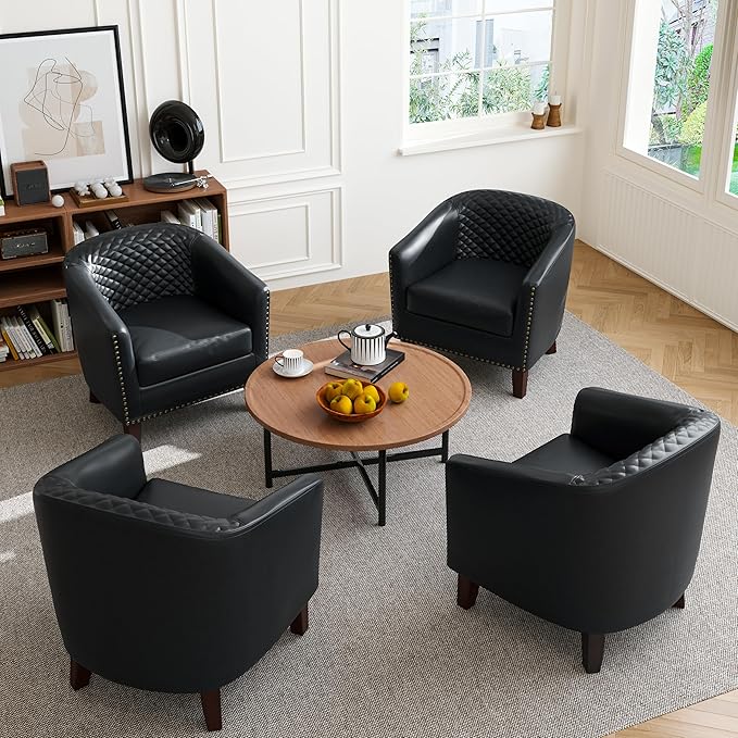 Accent Barrel Chair, Upholstered Faux Leather Club Chair with Nailed Trim, Comfy Reading Armchair for Living Room Bedroom Reception Room Office (Black, Set of 2)