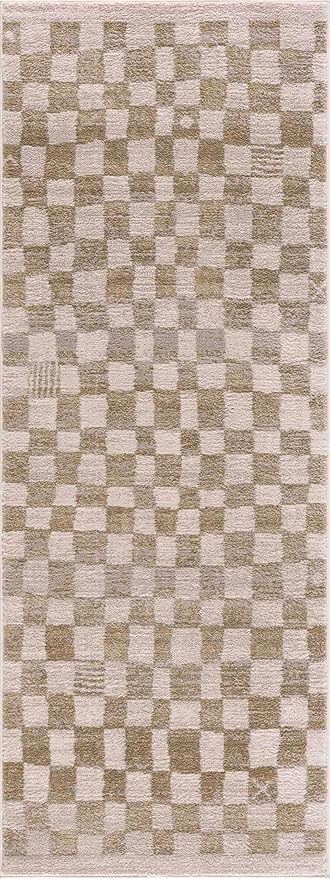 Hauteloom Pertek Modern Checkered Area Rug - Modern Geometric Carpet for Living Room, Kids Room, Nursery - Bohemian Boho Carpet - Cream, Gold - 2'7" x 7'3"