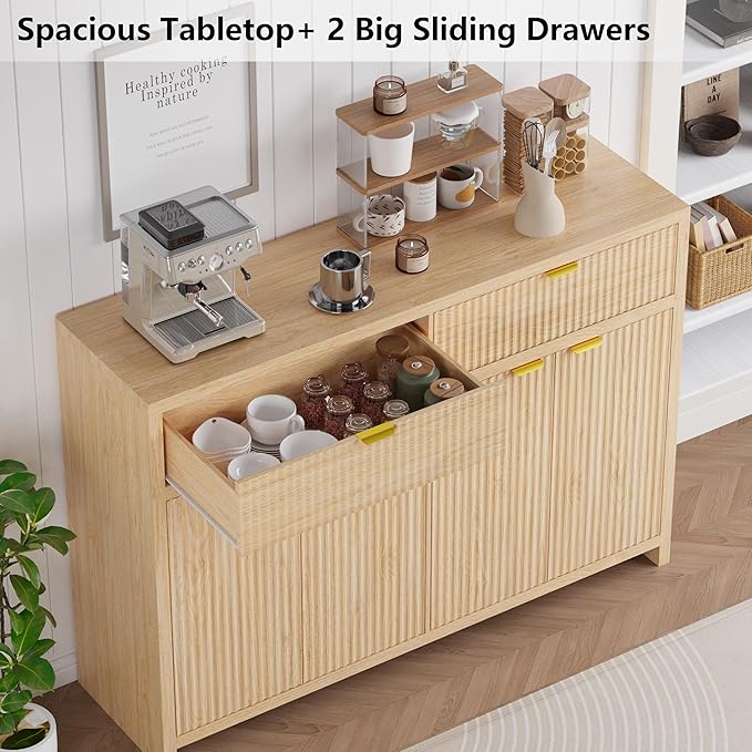 Fluted Sideboard Buffet Cabinet with Storage and Large Drawers, 55" W Credenza Storage Cabinet for Living Room or Entryway, 40'' H Farmhouse Buffet Table with Adjustable Shelves, Console Cabinet