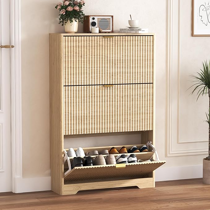 Shoe Cabinet Storage for Entryway with 3 Flip Drawers, Oak Fluted Shoe Cabinet with Adjustable Shelves, Wooden Hidden Shoe Rack Freestanding Narrow Slim Shoes Storage for Hallway, Entrance