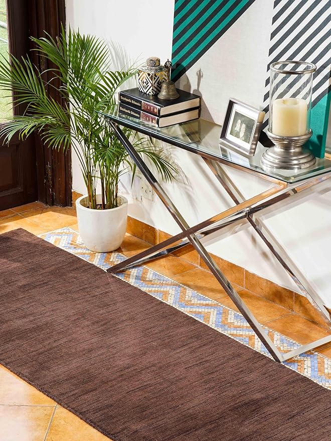 Hand Knotted Loom Wool ECO-Friendly Area Rugs - 2'6''x6', Runner, Brown Color, Solid Plain Design, High Pile Handmade Anti Skid Area Rugs for Living Room, Bed Room (L00111)