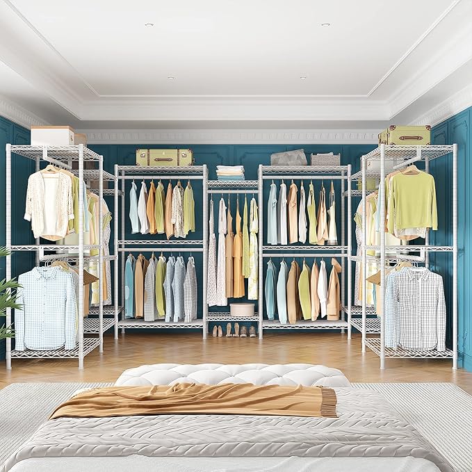 Raybee Clothing Rack for Hanging Clothes Heavy Duty Clothes Rack with Shelves,Portable,Adjustable,Metal,Max Load 900lbs,White