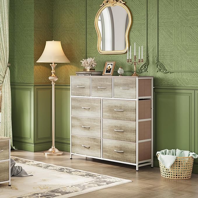 WLIVE 9-Drawer Dresser, Fabric Storage Tower for Bedroom, Hallway, Nursery, Closet, Tall Chest Organizer Unit with Fabric Bins, Steel Frame, Wood Top, Easy Pull Handle, Greige