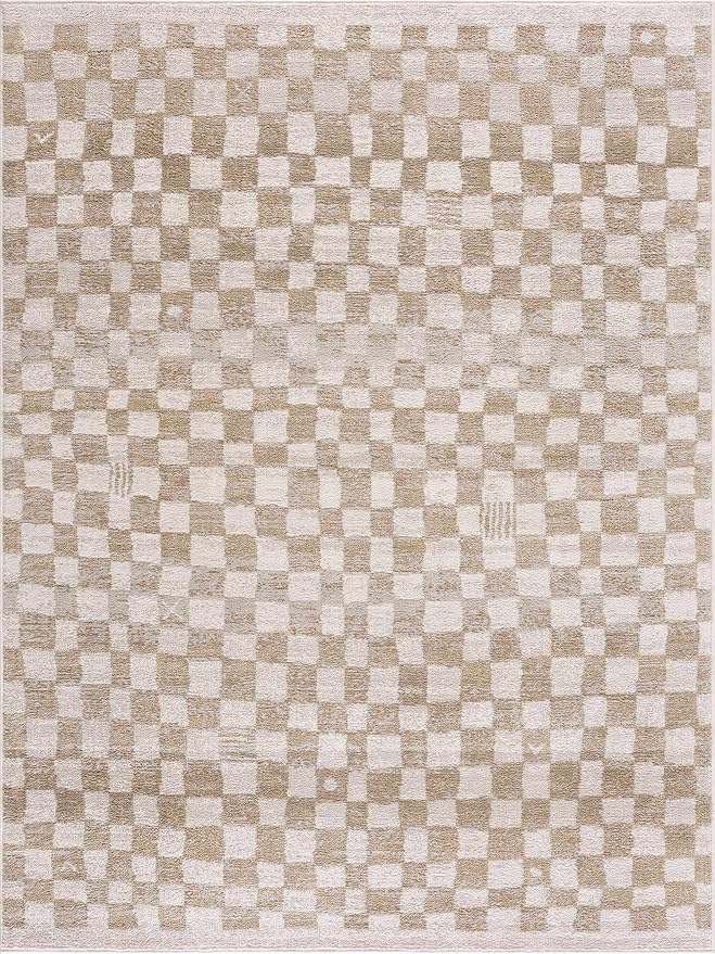 Hauteloom Pertek Modern Checkered Area Rug - Modern Geometric Carpet for Living Room, Kids Room, Nursery - Bohemian Boho Carpet - Cream, Gold - 2'7" x 7'3"