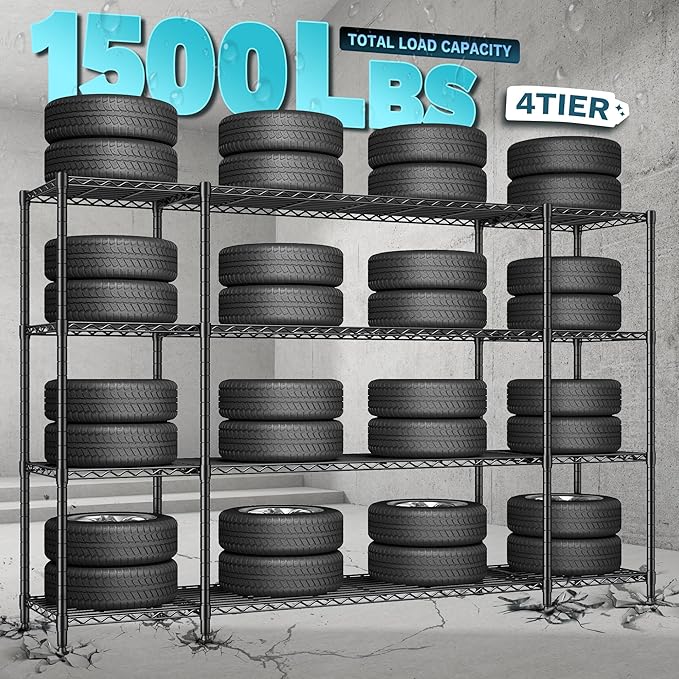 REIBII 78.4''W Storage Shelves Wire Shelving Unit Load 1500LBS,4 Tier Metal Shelving with Adjustable Metal Shelf Wire Rack for Pantry Shelves Commercial Shelving Kitchen Garage 78.4''Wx11.8''Dx59''H