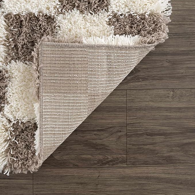 Hauteloom Atira Checkered Shag Runner Rug - Checkboard Design - High Pile Fluffy Shaggy Touch - Square Tiles - Kids Room, Hallway, Bedroom Shag - Brown, Cream, White - 2'7" x 7'3"
