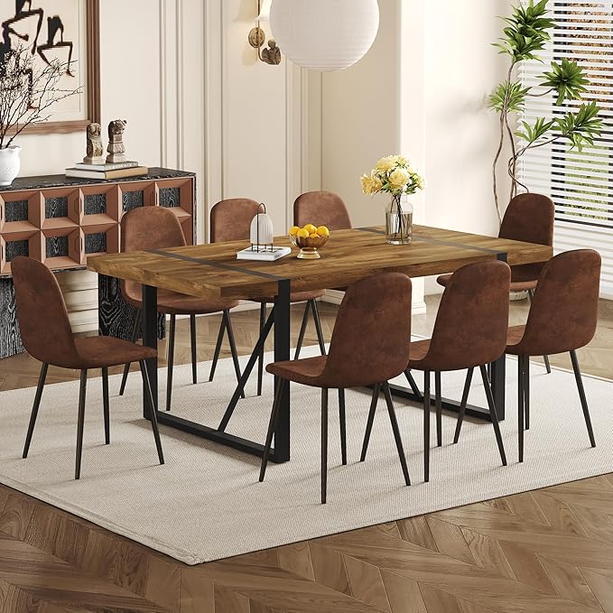 Dining Table Set for 8，Dining Room Table Set for 8，71'' Dark Wood Kitchen Table and Suede Nap Fabic Chairs Set of 8，8 Chair Dining Table Set for Kitchen Dining Room