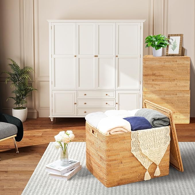 Rattan Basket With Lid, Large Lidded Basket For Storage, Rattan Box(22.8" L×19.7" W×17.7" H)