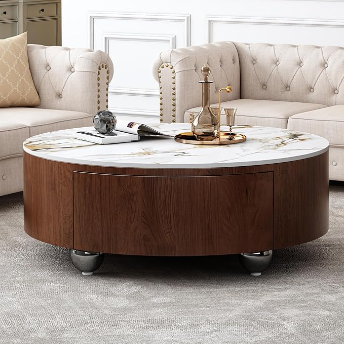 SSLine Modern Round Drum Coffee Table Luxury Sintered Stone Top Coffee Table with Storage Drawers,Walnut Wood Frame and Brushed Stainless Steel Legs,Marble Grain Center Table for Living Room