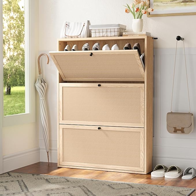 Shoe Storage Cabinet with 3 Flip Drawers, Narrow Wood Shoes Cabinet with Linen Doors Drawer, Freestanding Shoe Organizer Slim Shoe Cabinet Storage Shoe Rack for Entryway Hallway (Natural)