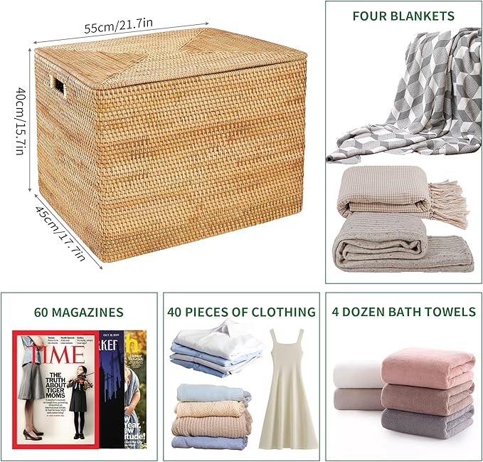 Rattan Basket With Lid, Large Lidded Basket For Storage Rattan Box(21.7" L×17.7"W×15.7"H)