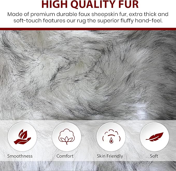 LAMBZY Faux Sheepskin Super Soft Free Shape Silky Shag Rug, Luxury Shaggy Silky Plush Carpet for Bedrooms Rugs Living Room Sofa Floor Rugs (4 Pelts 4'x6', 120cm X 180cm White with Black Tips)