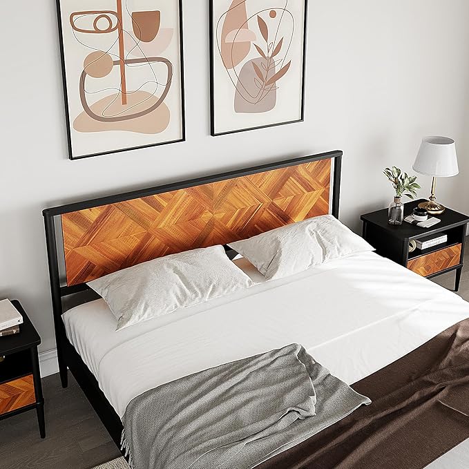 Lenia Queen Bed Frame with 2 Matching Nightstands – Modern Wood Platform Bed Set, Chevron Diamond Design, No Box Spring Needed, Slatted Support (Teak Brown, Queen)