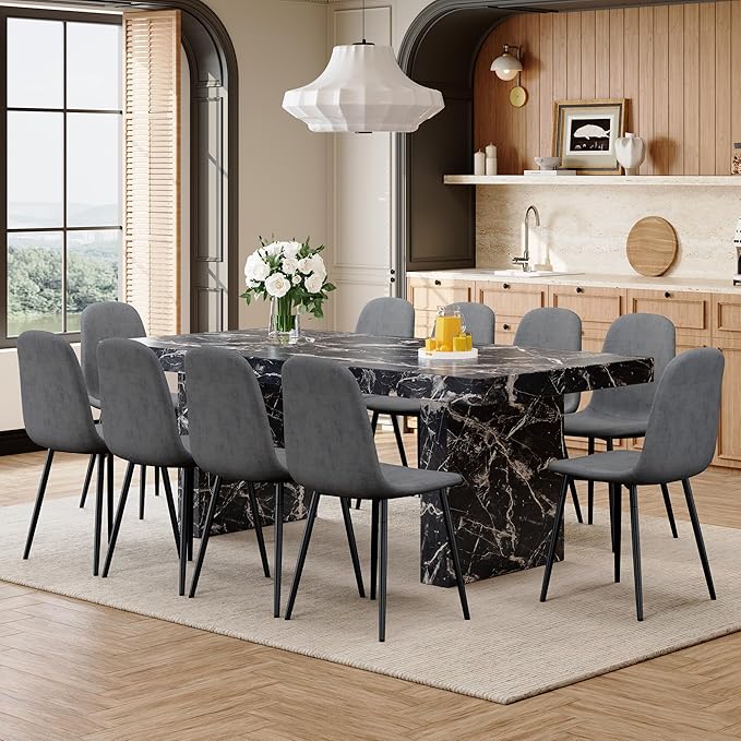 Ebullient Marble Dining Table Set for 10, 79'' Black Kitchen Table Set for 10, 3.5'' Thick Wooden Top with Rectangle Heavy Duty Legs, Modern Dining Table and Upholstered Chairs set of 10, Marble Grain