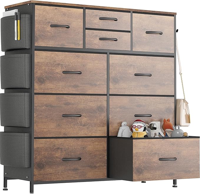 Lulive Dresser for Bedroom with 10 Drawers, Chest of Drawers with Side Pockets and Hooks, Fabric Storage Organizer Unit for Living Room, Hallway, Closet (Rustic Brown)