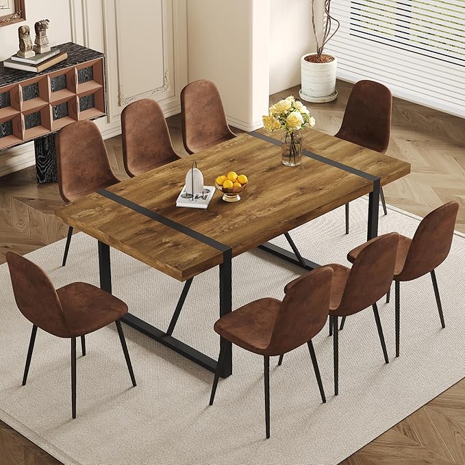 Dining Table Set for 8，Dining Room Table Set for 8，71'' Dark Wood Kitchen Table and Suede Nap Fabic Chairs Set of 8，8 Chair Dining Table Set for Kitchen Dining Room