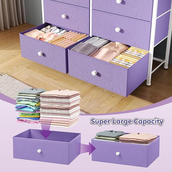 Dresser for Bedroom with 12 Drawers, Fabric Dressers & Chest of Drawers with Sturdy Metal Frame, Wood Top, for Woman, 40.6" W x 11.8" D x 44.5" H (Purple)