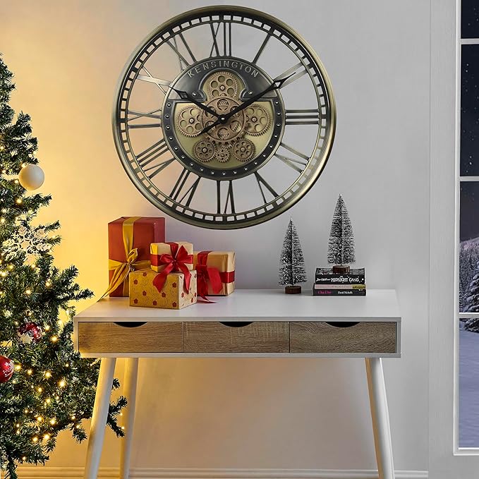 CLXEAST 21 Inch Large Moving Gears Wall Clock for Modern Farmhouse Living Room Decor, Brass Gold Roman Numerals Wall Clock Battery Operated,Reloj De Pared para Sala