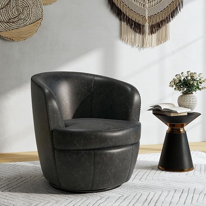 Swivel Barrel Chair, Modern Round PU Leather Accent Armchair for Living Room, Bedroom, Comfy Club Reading Chairs for Adults (Leather Black Grey, Set of 2)