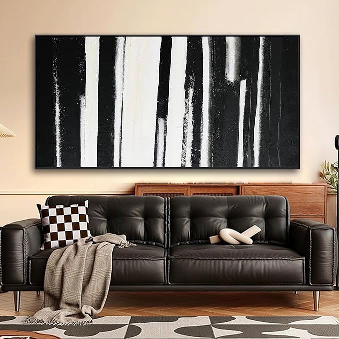 Framed Abstract Canvas Wall Art Decor Large Home Decor Wall Art Prints Black and White Minimalist Stripes Framed Artwork Modern paintings Wall Decorations for Living Room Wall Bedroom Kitchen Office Decor 29"×58"